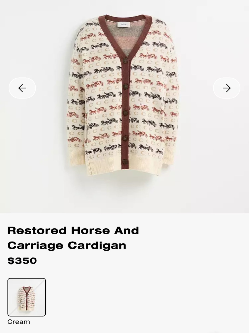 COACH Horse and Carriage Cream V‑Neck Cardigan